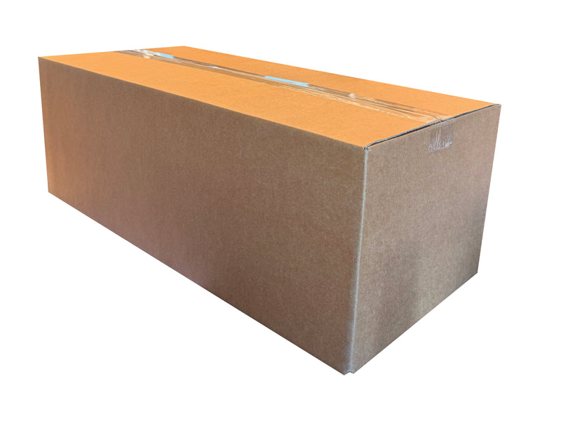 Brown box measuring 564mm x 258mm x 197mm, closed with clear tape