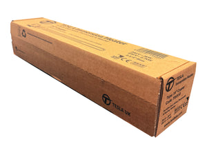 Printed, oblong shaped box measuring 398mm x 84mm x 84mm