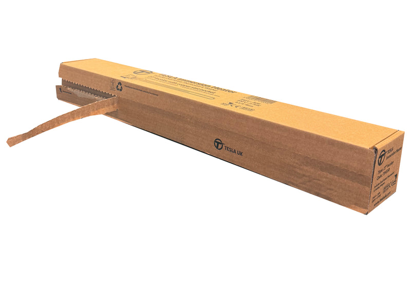 Long cardboard box with a tear off strip on a white background