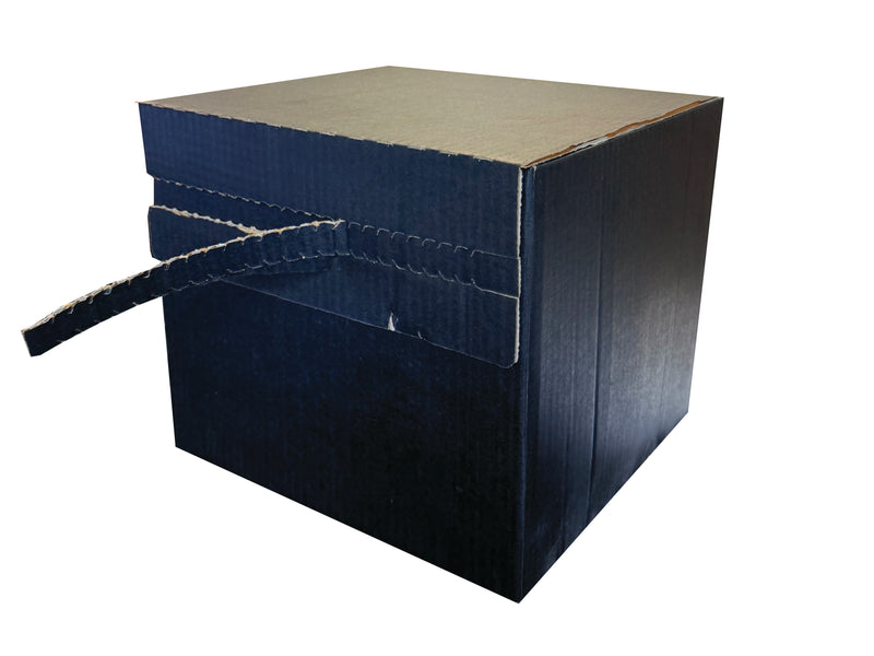 A black cardboard box with a tear off opening strip