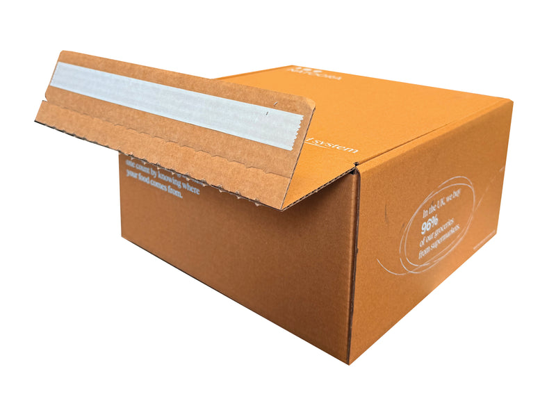 Printed diecut box, showing the glued tear-off strip
