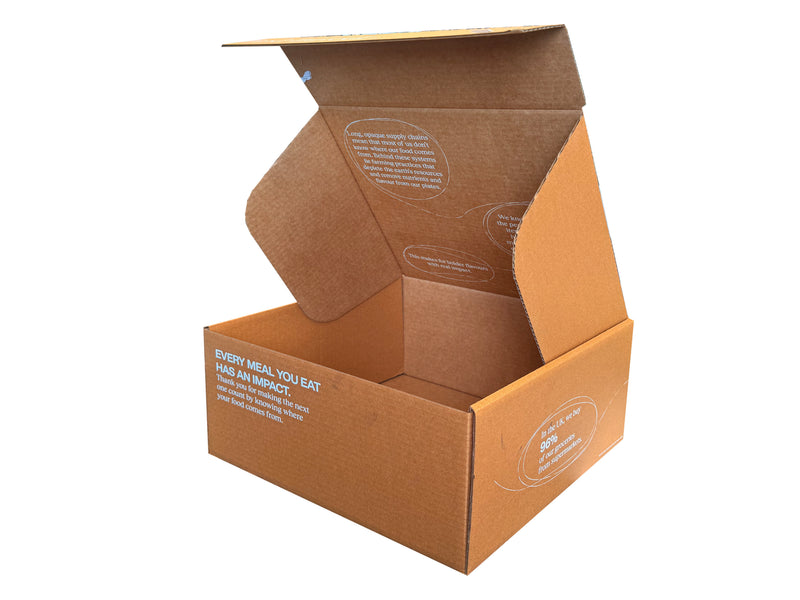 A printed, diecut box measuring 300mm x 300mm x 160mm