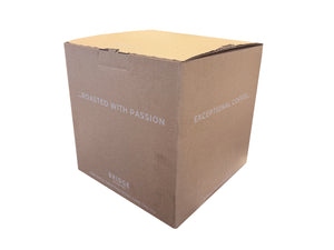 Cardboard box with 'Roasted with Passion' and 'Exceptional Coffee' text on a white background