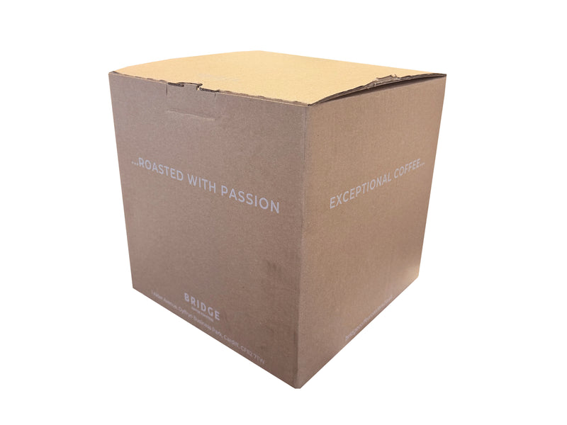 Cardboard box with 'Roasted with Passion' and 'Exceptional Coffee' text on a white background