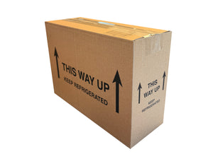 Cardboard box with 'This Way Up' and 'Keep Refrigerated' labels on a white background