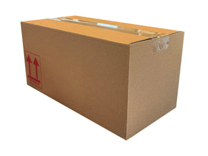 Brown cardboard box with a red label on a white background