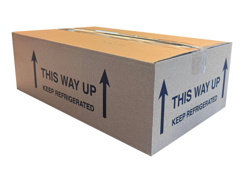 Cardboard box with 'This Way Up' and 'Keep Refrigerated' labels on a white background