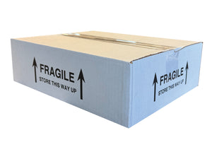 Cardboard box with 'Fragile Store This Way Up' labels on a white background