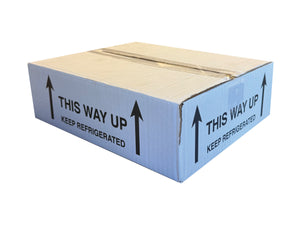 Cardboard box with 'This Way Up' and 'Keep Refrigerated' labels, measuring 334mm x 270mm x 97mm