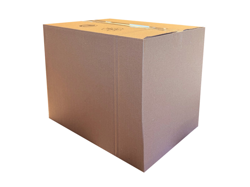 A closed cardboard box, with a plain exterior, measuring 390mm x 285mm x 310mm