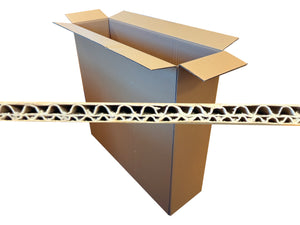 Cardboard box with a strip of corrugated cardboard fluting shown, on a white background