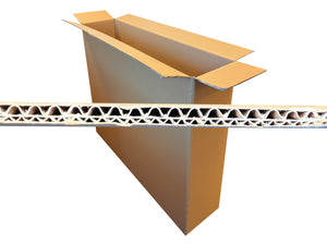 Cardboard box with a cross-section showing corrugated paper structure on a white background