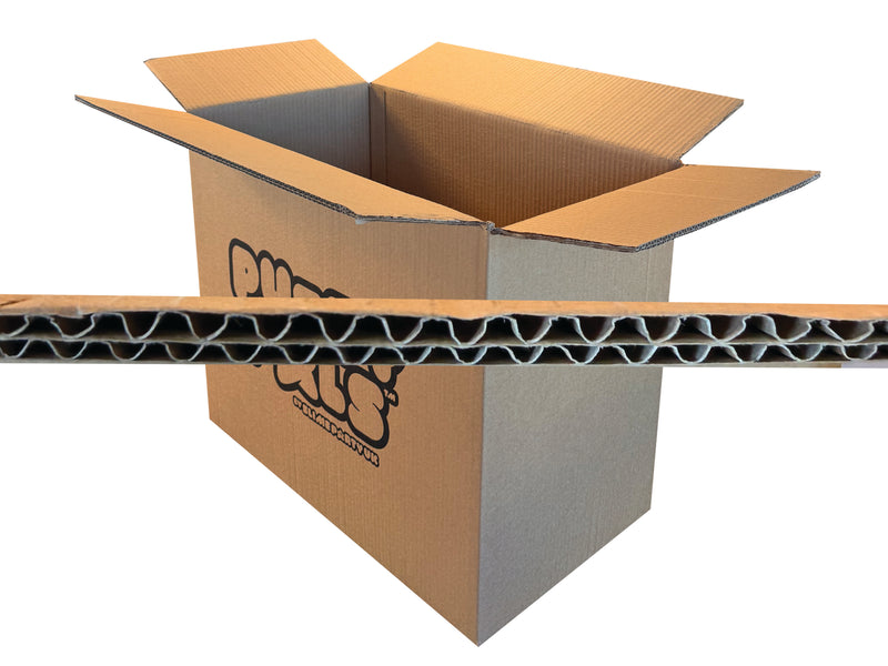 Cardboard box with a cross-section view showing strong corrugated layers on a white background