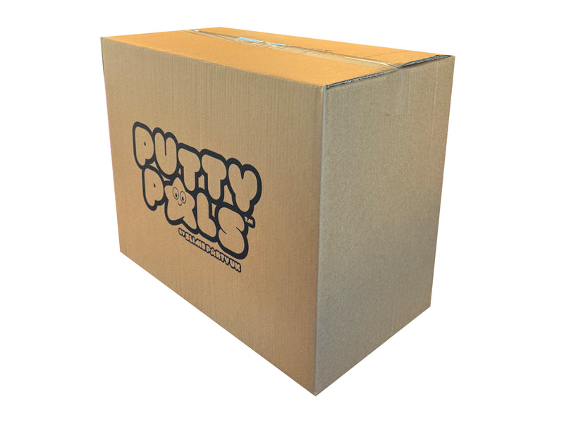 Cardboard box with 'Putty Pals' logo on a white background