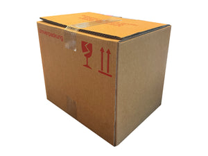 Cardboard box with shipping labels and symbols on a white background