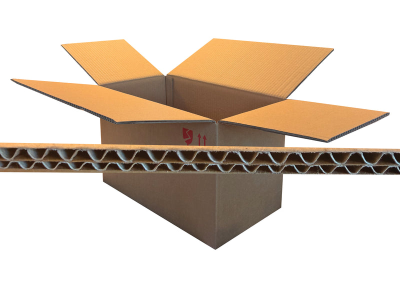 Open cardboard box with a close-up of its corrugated structure on a white background