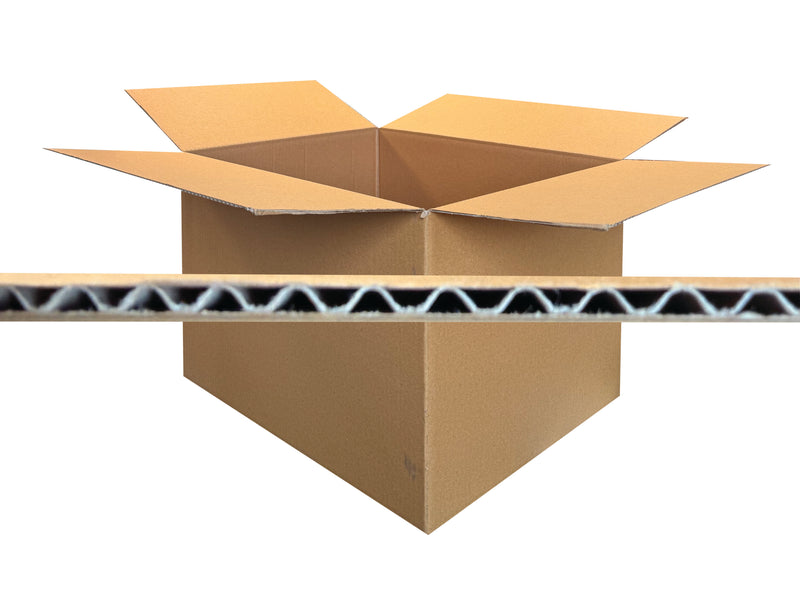 Open cardboard box with a corrugated flute image on a white background