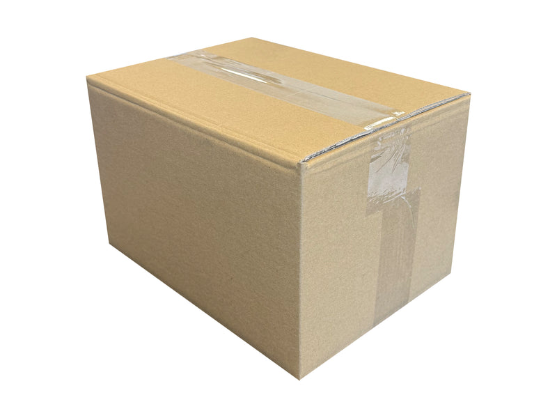 Cardboard box with clear plastic tape on a white background