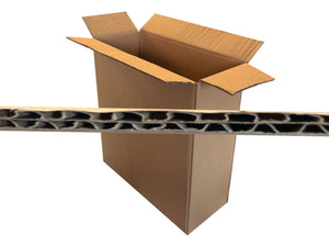 Double wall flute, overlayed over an image of a 400mm x 155mm x 460mm box