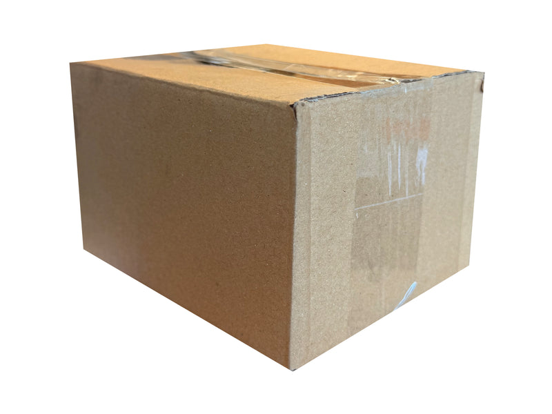 Cardboard box measuring 152mm x 127mm x 95mm, sealed with clear tape
