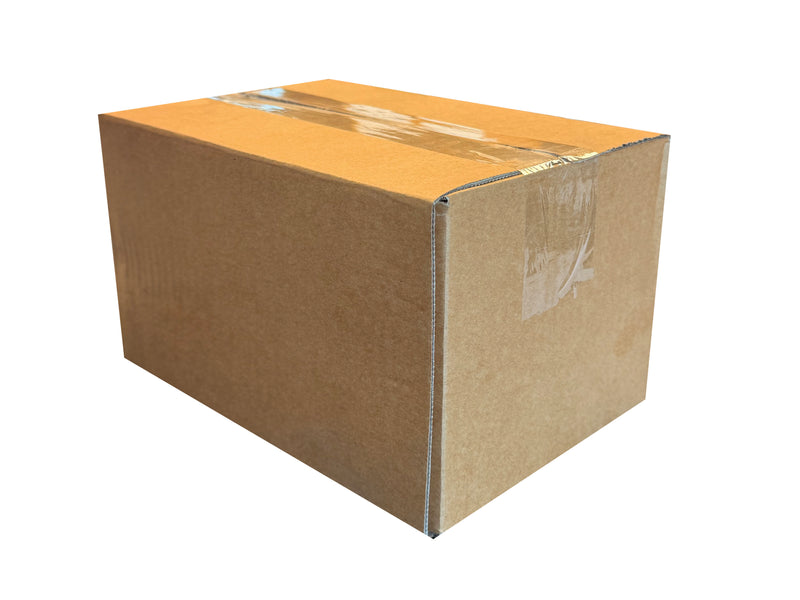Box sealed with clear tape, measuring 229mm x 153mm x 127mm