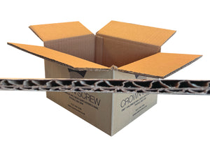 Open cardboard box with visible branding on a white background with corrugation cross-section