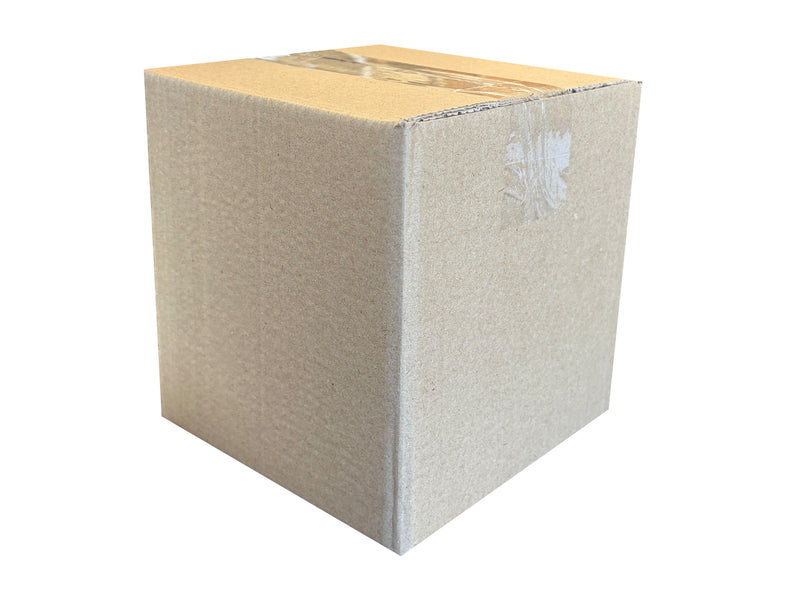 A closed, 6 inch cubed cardboard box