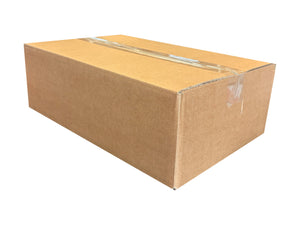Cardboard box closed with clear plastic tape, on a white background