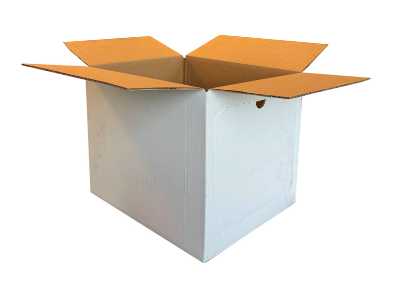 A white cardboard box with a perforation in one panel