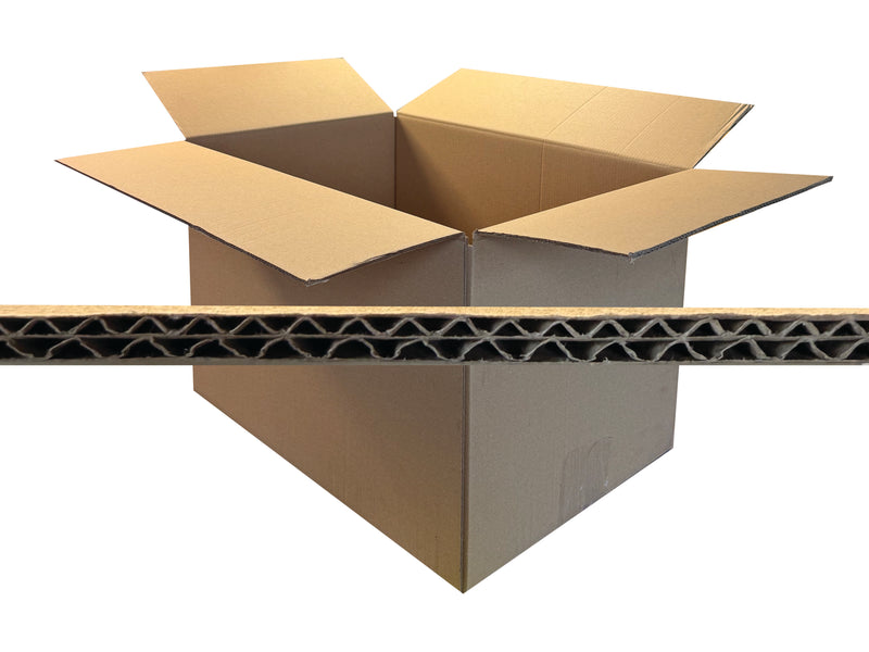 Cardboard box with a corrugated flute overlay on a white background