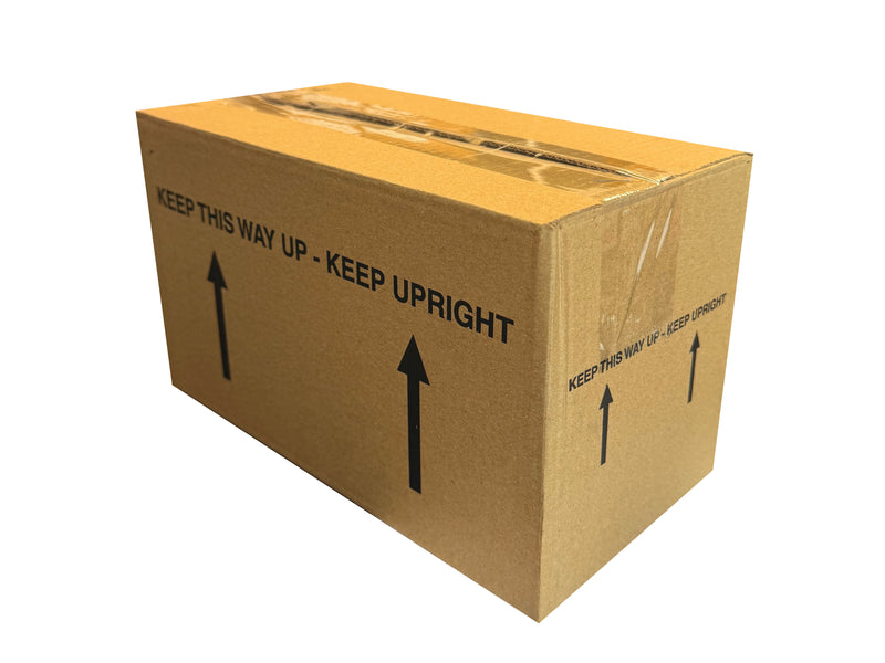 Box measuring 252mm x 127mm x 143mm with 'Keep this way up' labels in black ink