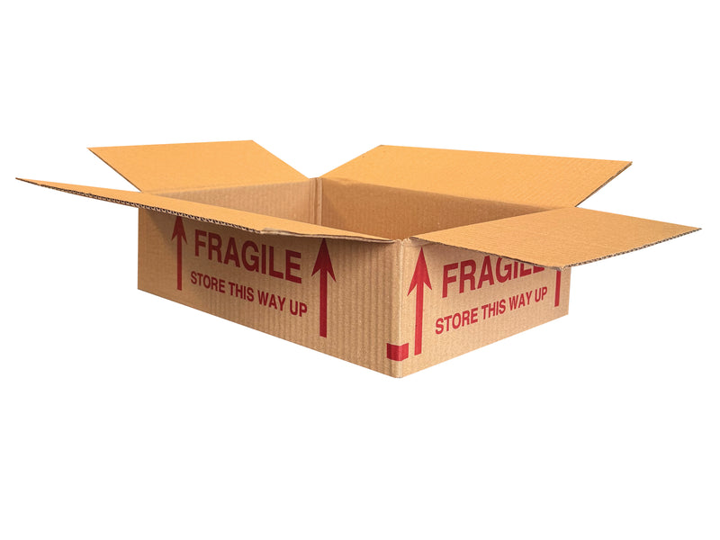 A printed, 335mm x 226mm x 88mm cardboard box, ideal for fragile items