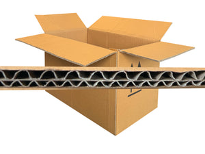 Cardboard box with a cross-section showing corrugated flute on a white background