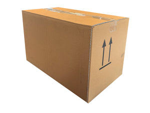 A 430mm x 246mm x 250mm cardboard box, printed with this way up arrows, in black ink. 