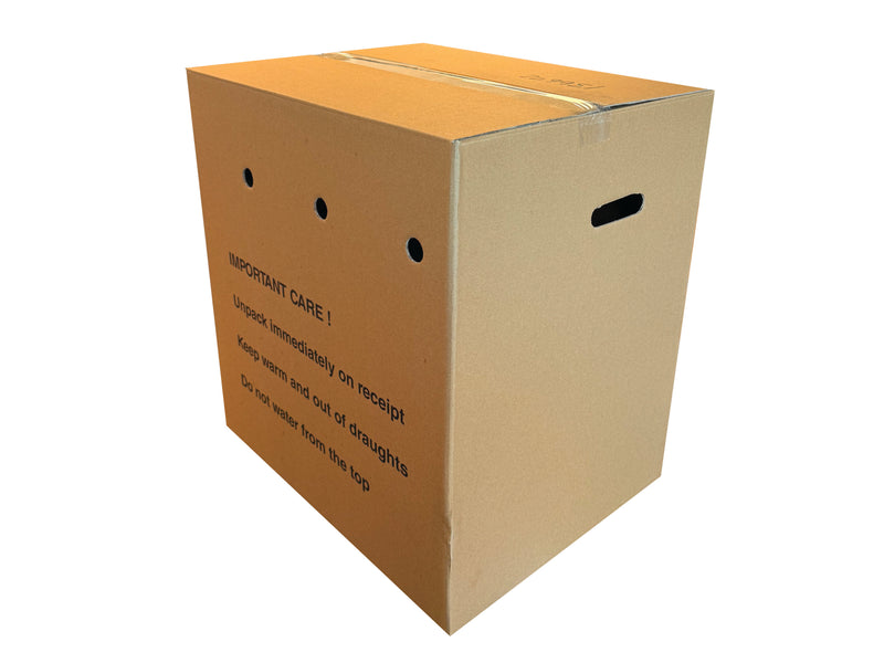 Box measuring 489mm x 389mm x 529mm with ventilation holes and handholes