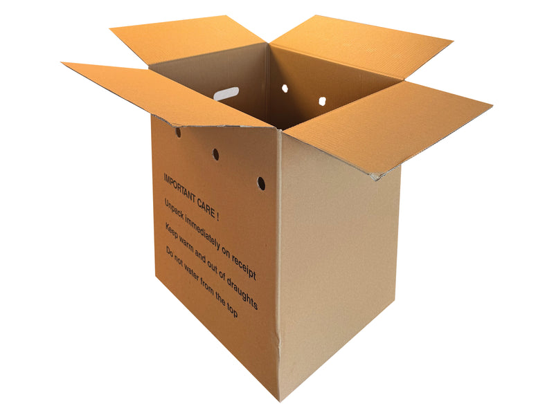 A printed carton with ventilation holes and hand holes