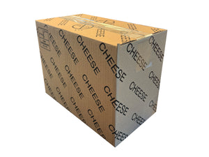 Cardboard box with 'Cheese' text on a white background