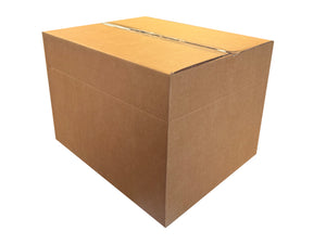 Brown cardboard box measuring 530mm x 430mm x 380mm on a white background