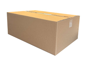A plain, brown cardboard box, measuring 535mm x 360mm x 200mm, sealed with clear Sellotape