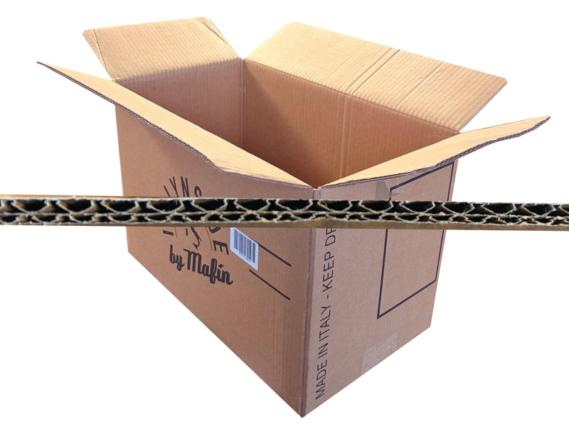 A used cardboard box with an image of the strong double wall board profile