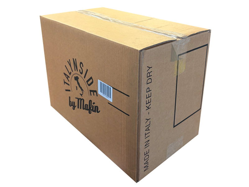 Cardboard box with 'Italy Inside by Malfin' branding on a white background