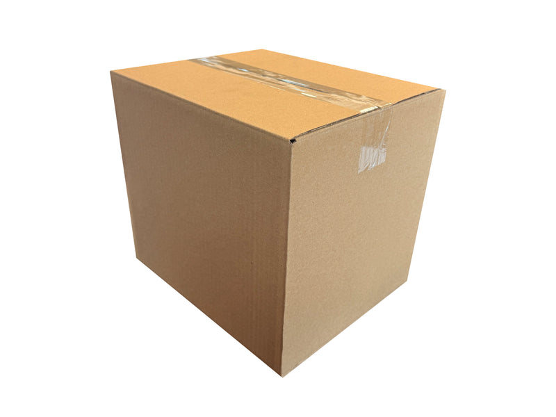 A 290mm x 280mm x 240mm Cardboard box with tape on a white background