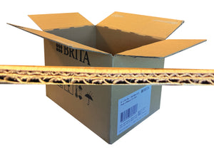 Open cardboard box with visible branding on a white background