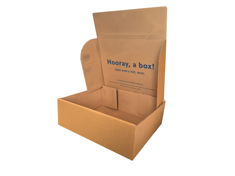 A die cut box measuring 415mm x 330mm x 140mm with a printed interior
