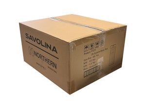used cardboard box with some branding printed on the size and tape at the top and bottom to show its shape