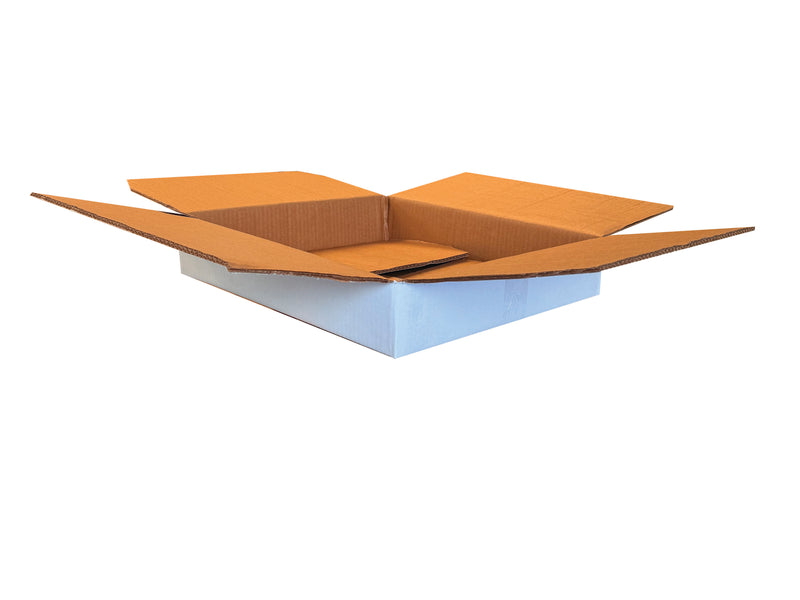 Strong, white cardboard box measuring 390mm x 390mm x 65mm