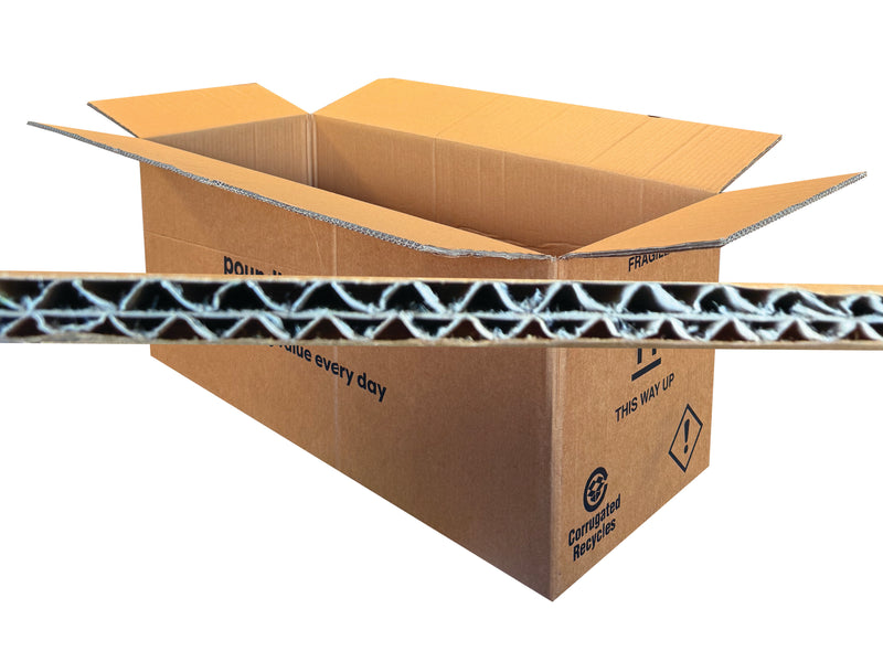 Open cardboard box with a corrugated flute shown on a white background