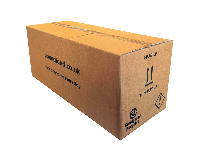 Cardboard box with Poundland branding on a white background