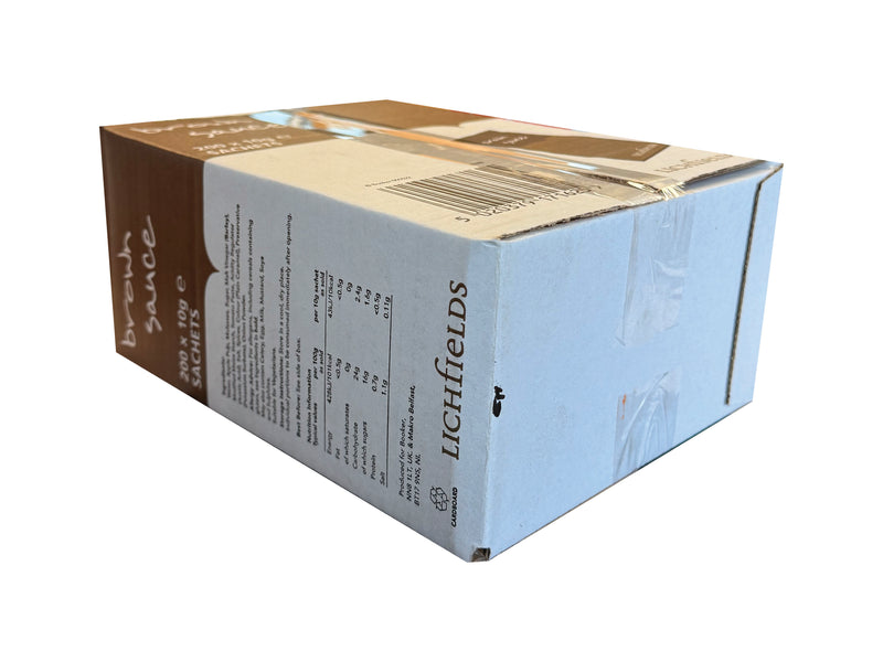 A box made for packing brown sauce sachets on a white background