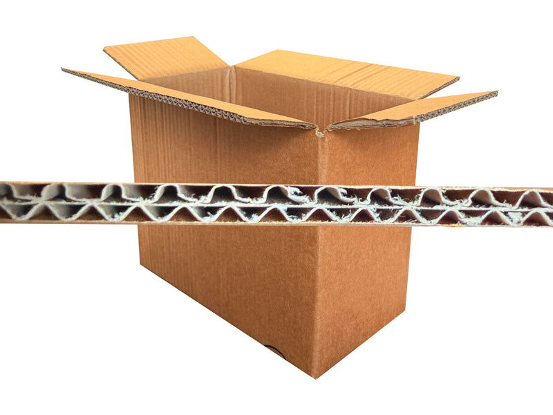 Cardboard box with a cross-section showing corrugated layers on a white background